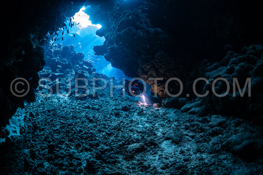Tek diver with a rebreather visiting Sha'ab Claudio cave Red Sea Egypt