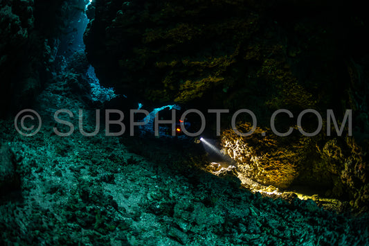 Tek diver with a rebreather visiting Sha'ab Claudio cave Red Sea Egypt