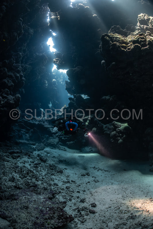 Tek diver with a rebreather visiting Sha'ab Claudio cave Red Sea Egypt