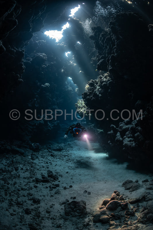 Tek diver with a rebreather visiting Sha'ab Claudio cave Red Sea Egypt