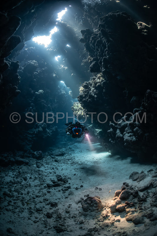 Tek diver with a rebreather visiting Sha'ab Claudio cave Red Sea Egypt