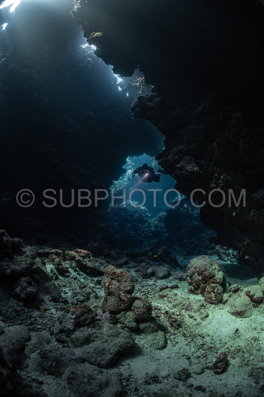 Tek diver with a rebreather visiting Sha'ab Claudio cave Red Sea Egypt