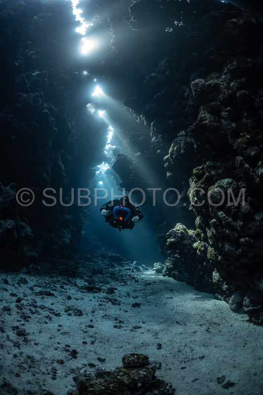 Tek diver with a rebreather visiting Sha'ab Claudio cave Red Sea Egypt