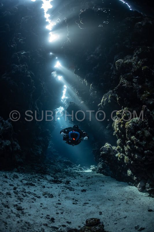 Tek diver with a rebreather visiting Sha'ab Claudio cave Red Sea Egypt