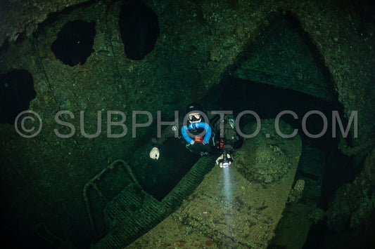 Tek diver with a rebreather visiting Numibia wreck on Big Brother island Red Sea Egypt