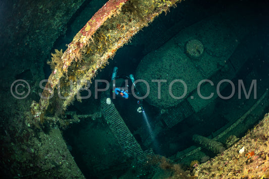 Tek diver with a rebreather visiting Numibia wreck on Big Brother island Red Sea Egypt
