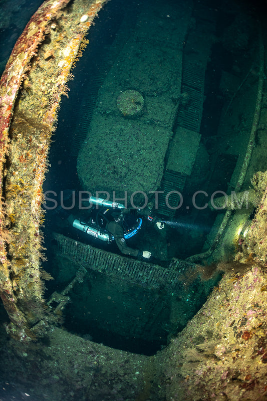 Tek diver with a rebreather visiting Numibia wreck on Big Brother island Red Sea Egypt