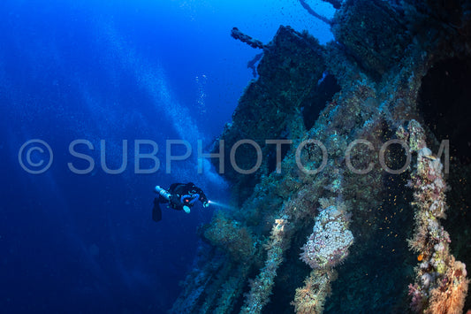 Tek diver with a rebreather visiting Numibia wreck on Big Brother island Red Sea Egypt
