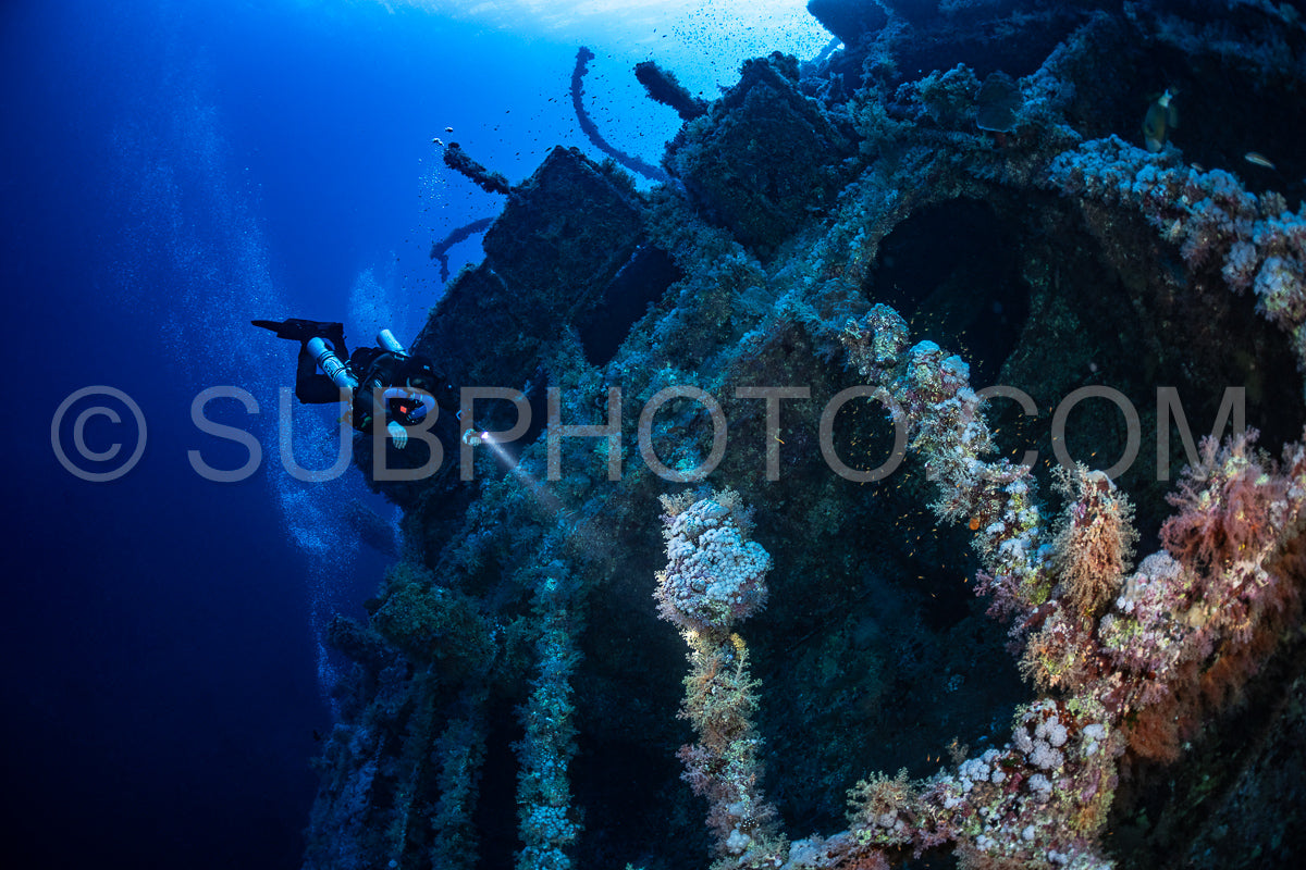 Tek diver with a rebreather visiting Numibia wreck on Big Brother island Red Sea Egypt