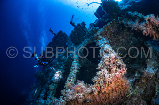 Tek diver with a rebreather visiting Numibia wreck on Big Brother island Red Sea Egypt