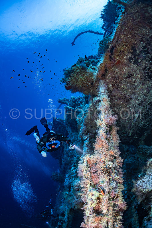 Tek diver with a rebreather visiting Numibia wreck on Big Brother island Red Sea Egypt