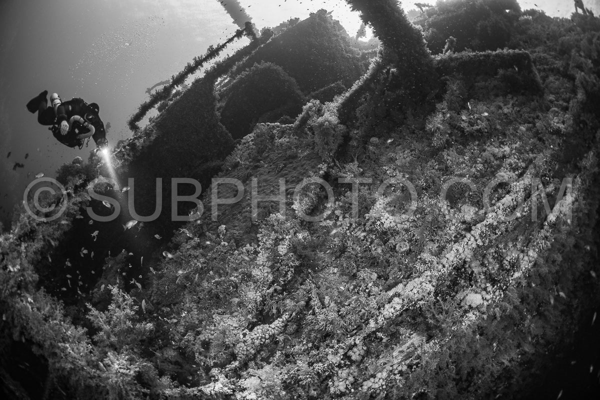 Tek diver with a rebreather visiting Numibia wreck on Big Brother island Red Sea Egypt