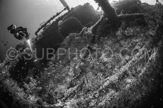 Tek diver with a rebreather visiting Numibia wreck on Big Brother island Red Sea Egypt