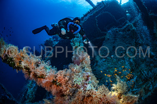 Tek diver with a rebreather visiting Numibia wreck on Big Brother island Red Sea Egypt