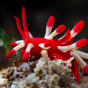 Bright red nudibranch with red-tipped white appendages over anemone polyps, Visayas, Philippines