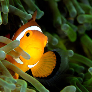 Poisson-clown à trois bandes caché entre les tentacules verts d’une anémone, Visayas, Philippines
