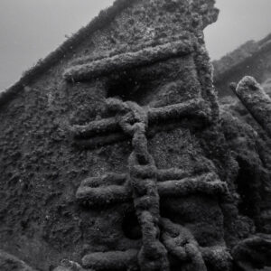 Black and white: encrusted chain links on an upright wreck plate, Ville de Rochefort wreck, Brittany, France