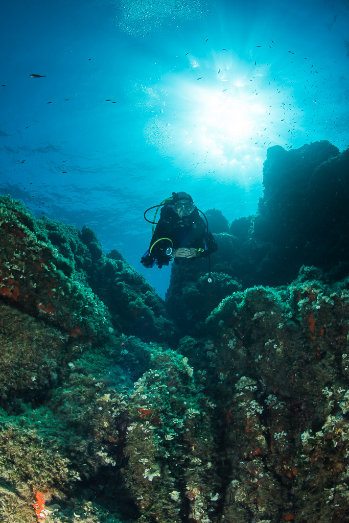 Woman diver deep in a rocky crevasse under a bright sunburst, Porto-Vecchio, Corsica, France