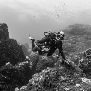 Black and white: woman diver raising a hand above rocky reef, Porto-Vecchio, Corsica, France