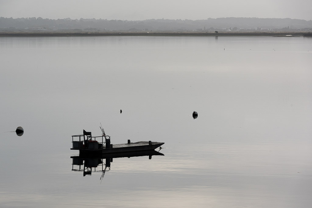 Monochrome still water with work barge reflected among mooring buoys, Le Croisic, Brittany, France
