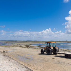 Tracteur orange et remorque plateau sur une cale à marée basse sous des nuages d’été, Le Croisic, Bretagne, France