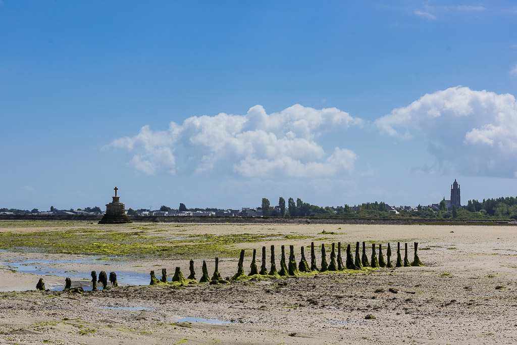 Pieux couverts d’algues sur l’estran, croix de pierre et clocher à l’horizon, Le Croisic, Bretagne, France