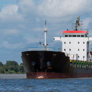 Black-hulled cargo ship at anchor on a wide river, forest behind, Maratua, Kalimantan (Borneo), Indonesia