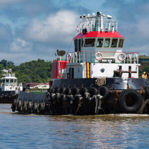 Tugboat lined with tyre fenders heading straight towards the camera, Maratua, Kalimantan (Borneo), Indonesia