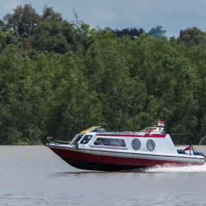 Bateau-taxi rapide rouge et blanc filant sur un fleuve brun, Maratua, Kalimantan (Bornéo), Indonésie