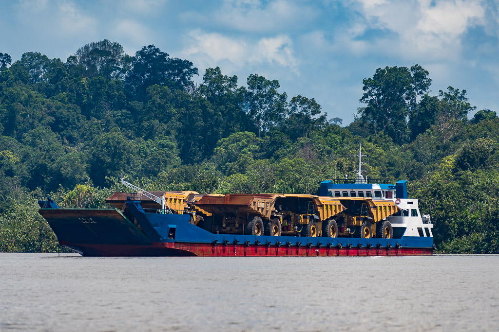 Landing craft loaded with yellow mining dump trucks sailing past rainforest, Maratua, Kalimantan (Borneo), Indonesia