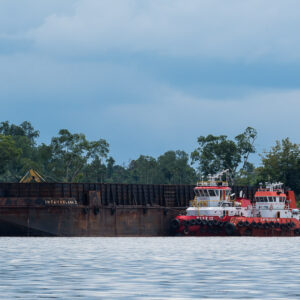 Two red tugboats pushing a large empty barge on the river, Maratua, Kalimantan (Borneo), Indonesia