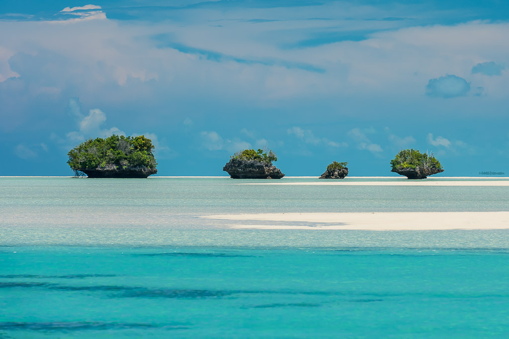 Undercut mushroom-shaped rock islets and sandbank on a turquoise lagoon, Maratua, Kalimantan (Borneo), Indonesia