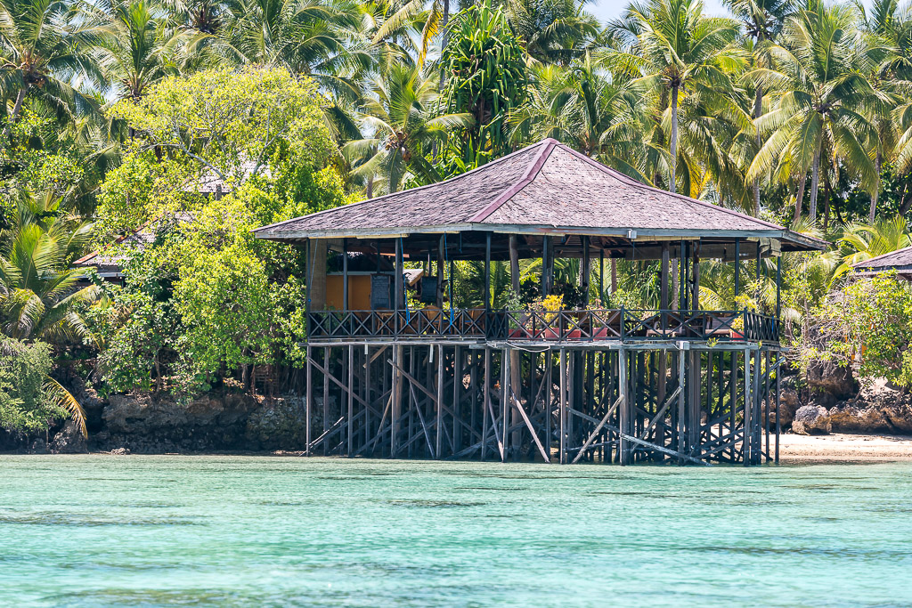 Pavillon sur pilotis au toit de bardeaux au-dessus d’une eau claire, sous les cocotiers, Maratua, Kalimantan (Bornéo), Indonésie