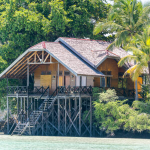 Wooden stilt bungalow with staircase beneath coconut palms on the shore, Maratua, Kalimantan (Borneo), Indonesia