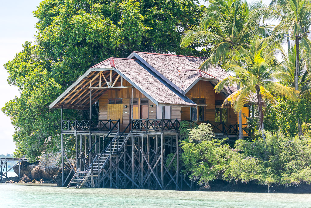 Wooden stilt bungalow with staircase beneath coconut palms on the shore, Maratua, Kalimantan (Borneo), Indonesia