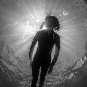 Black-and-white silhouette of a woman snorkeller backlit by sunburst, seen from below, Kakaban Lake, Kalimantan (Borneo), Indonesia