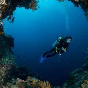 Plongeur encadré par une arche récifale ouvrant sur le grand bleu, Maratua, Kalimantan (Bornéo), Indonésie