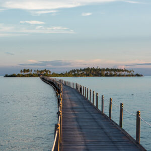 Long wooden jetty stretching towards a palm islet in soft evening light, Maratua, Kalimantan (Borneo), Indonesia