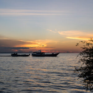 Two boats at sunset framed by a dark tree silhouette at right, Maratua, Kalimantan (Borneo), Indonesia
