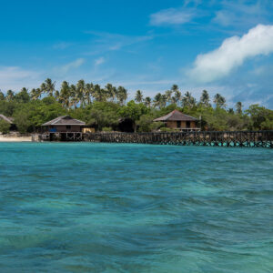 Palm-fringed island resort with stilt bungalows and jetty over turquoise water, Maratua, Kalimantan (Borneo), Indonesia
