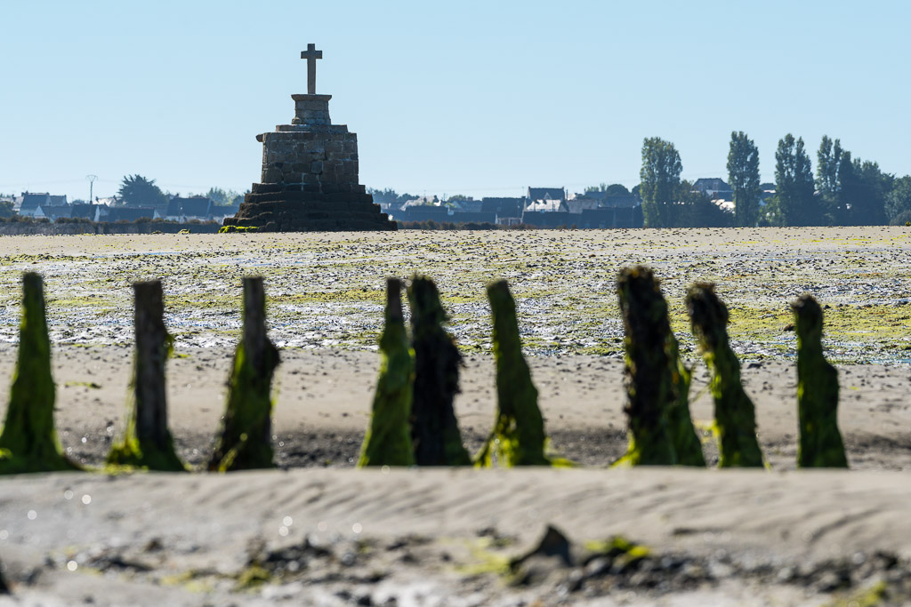 Seaweed-covered posts in foreground with stone refuge cross on low-tide sand, Le Croisic, Brittany, France
