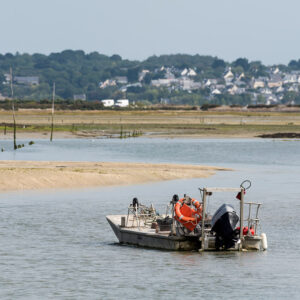 Small work boat with orange buoys moored in tidal channel before salt meadows, Le Croisic, Brittany, France