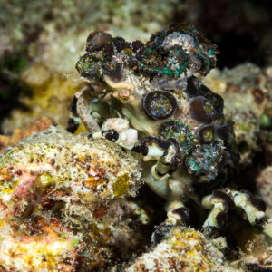 Decorator crab covered with corallimorph polyps on the reef, Misool, Raja Ampat, Indonesia