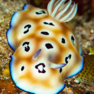Leopard chromodoris nudibranch with purple-rimmed spotted mantle, vertical, Misool, Raja Ampat, Indonesia