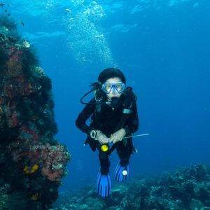 Woman diver facing the camera beside a reef wall, vertical, Misool, Raja Ampat, Indonesia
