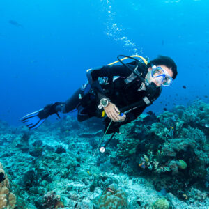 Woman diver swimming over the reef, looking toward the camera, Misool, Raja Ampat, Indonesia
