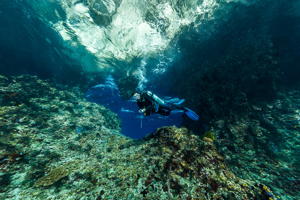 Diver exploring a cave mouth beneath a mirrored surface, Misool, Raja Ampat, Indonesia