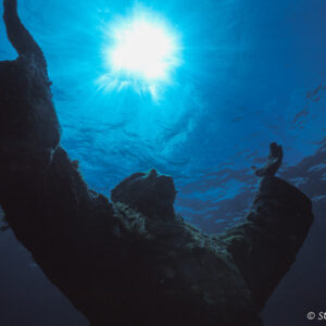 Christ of the Abyss silhouette against the sun, watermarked version, Key Largo, Florida, USA