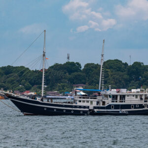 Black-hulled two-masted wooden schooner at anchor near a wooded shore, Misool, Raja Ampat, Indonesia