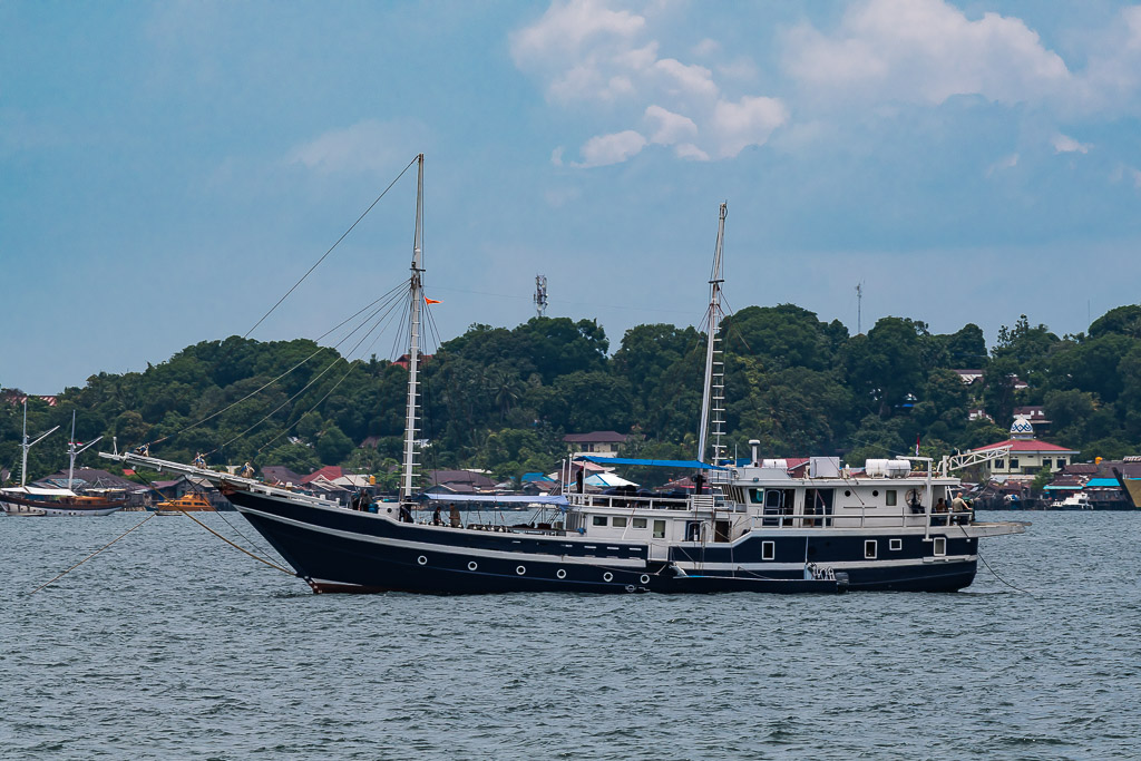 Black-hulled two-masted wooden schooner at anchor near a wooded shore, Misool, Raja Ampat, Indonesia